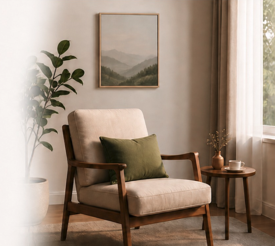 Consultório com poltrona, plantas e luz natural